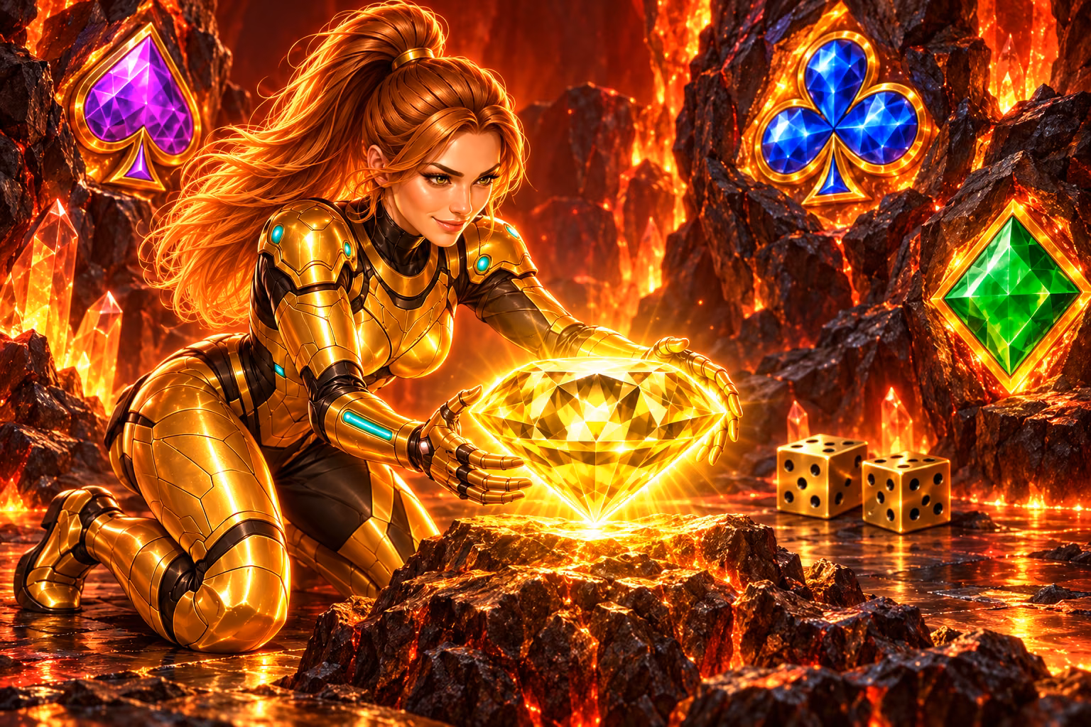 Gigi reaches around a glowing yellow diamond in a fiery cavern surrounded by gemstone spades, clubs, diamonds, and gold dice.
