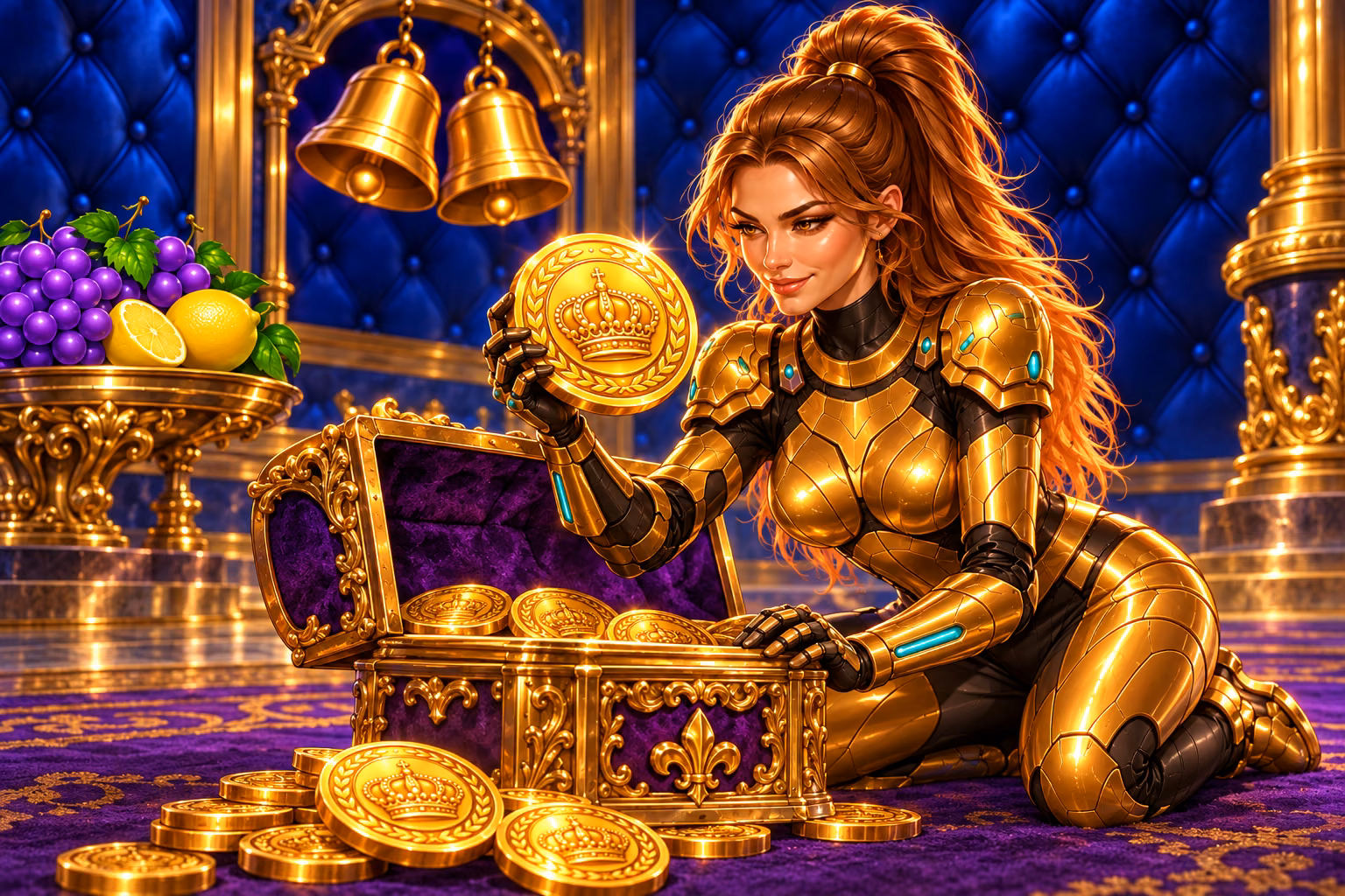 Gigi lifts a gold coin bearing a crown and laurel wreath from a purple-lined treasure chest in a royal-blue and gold chamber.