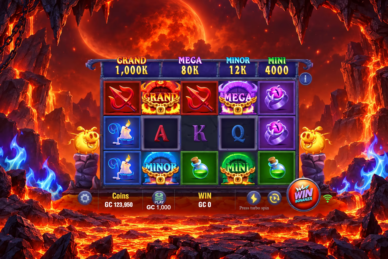 Devil’s Bonanza Twins game screen with numbered markers identifying the information button, reels, Coins balance, PLAY amount, WIN display, and round button.