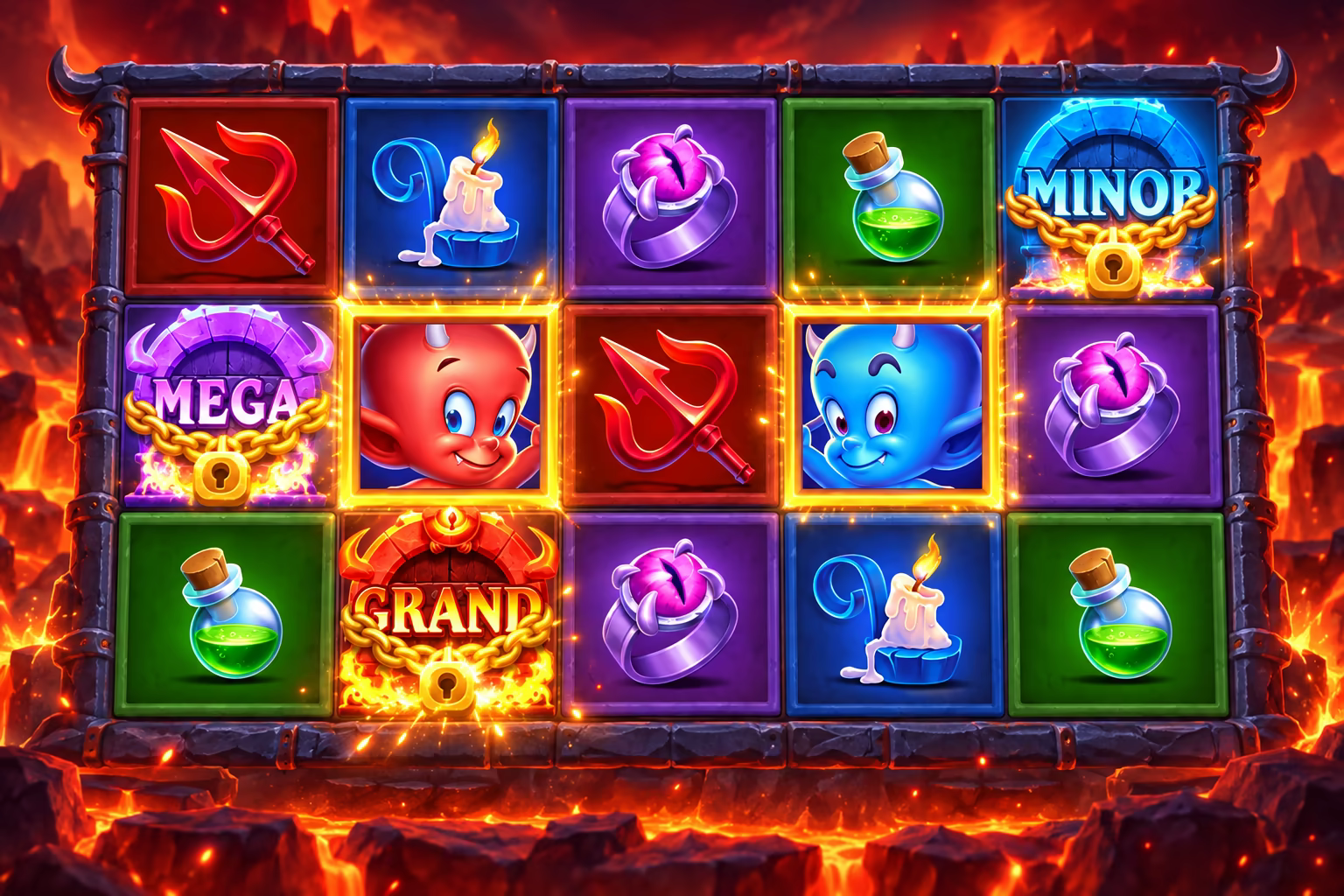 Devil’s Bonanza Twins board with the red and blue Wild twins in the special center-row grids and locked Bonus symbols outside those grids.
