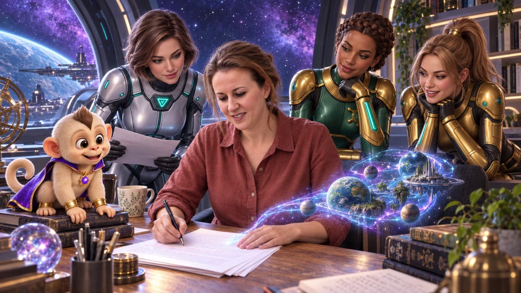 Ella Hartly writes at her desk with Wren, Sierra, Gigi, and Winnie gathered around imagined worlds.
