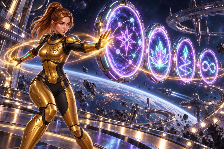 Gigi reaches toward glowing rings with loop symbols in a guide to free spins and their rules.