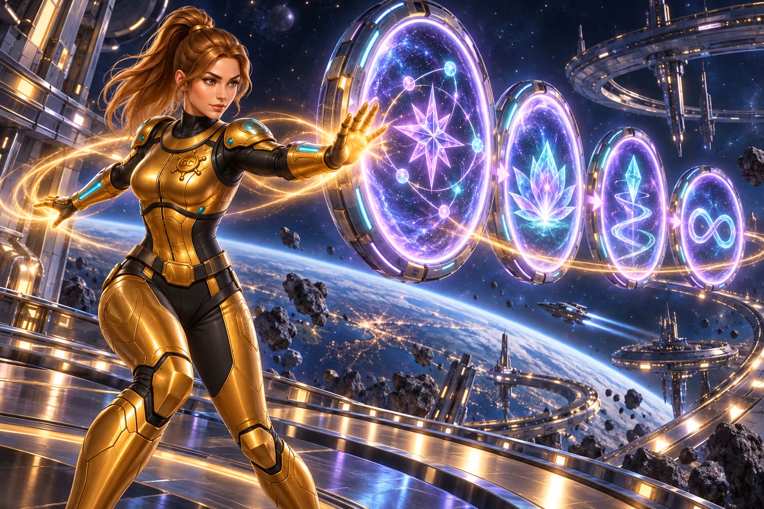 Gigi reaches toward glowing rings with loop symbols in a guide to free spins and their rules.