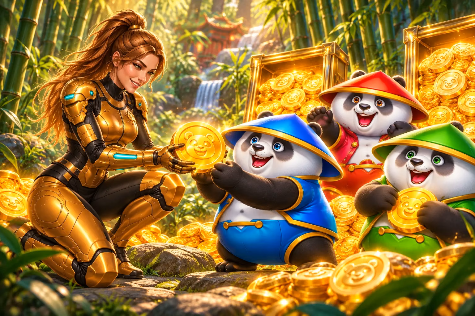 Gigi accepts a gold coin from the blue-clad panda, with the red and green pandas beside two gold panels in a bamboo forest.