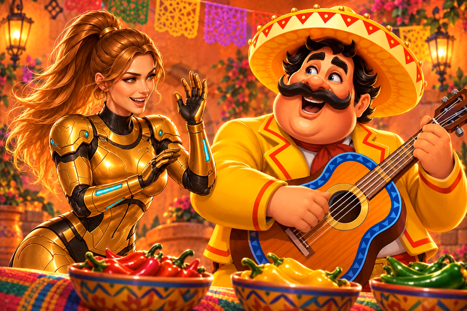 Gigi smiles beside the 3 Super Hot Chillies mariachi mascot as he plays his blue-trimmed guitar in a yellow suit and sombrero.