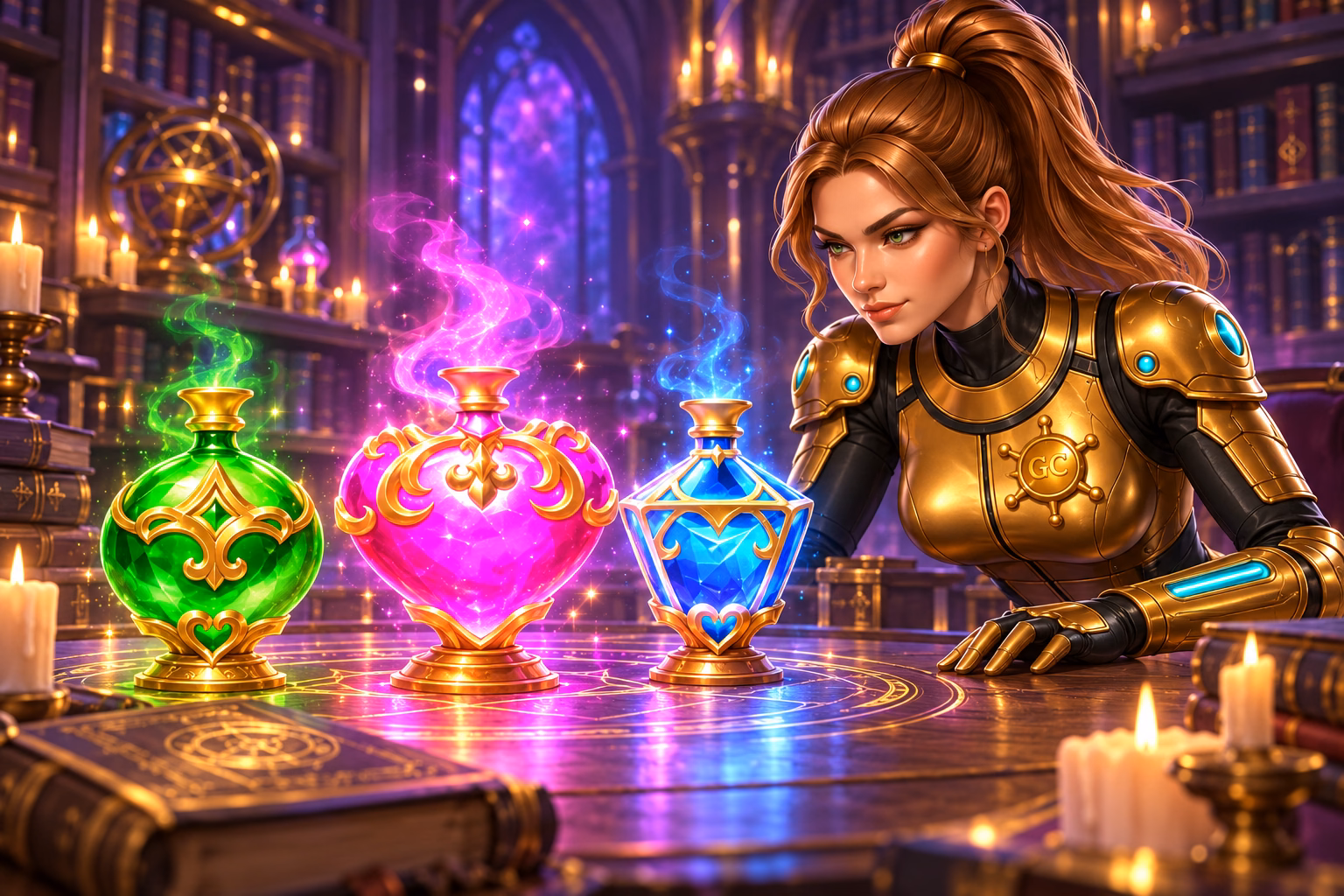 Gigi Celeste studies green, purple, and blue magical vessels in a candlelit library.