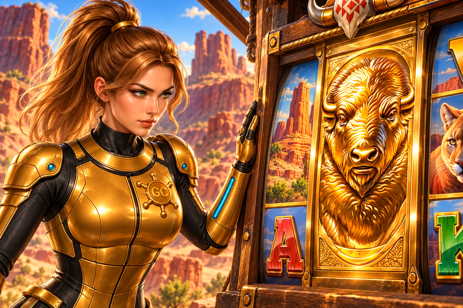 Gigi Celeste examines a golden buffalo symbol on reels against a red-rock canyon.