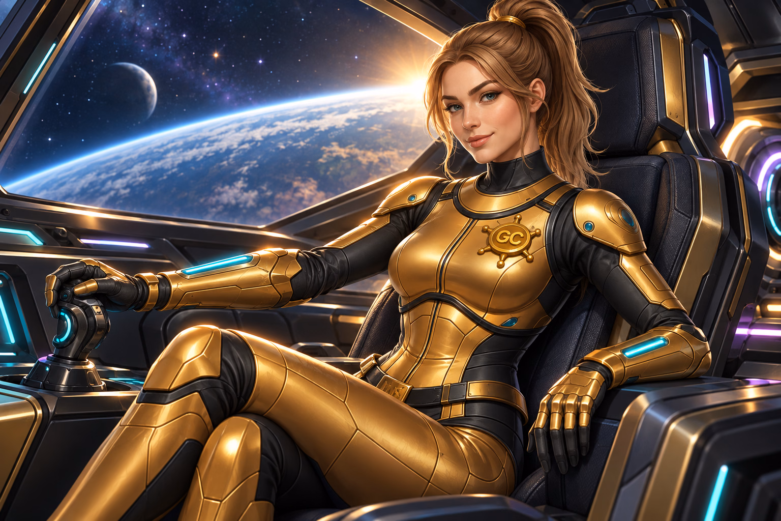Gigi Celeste in gold armor sits at the starship controls before launch.