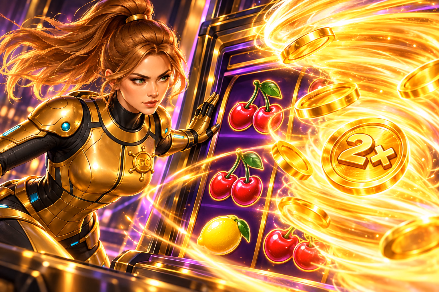 Gigi Celeste watches a golden coin tornado sweep across reels showing cherries and a 2× multiplier.