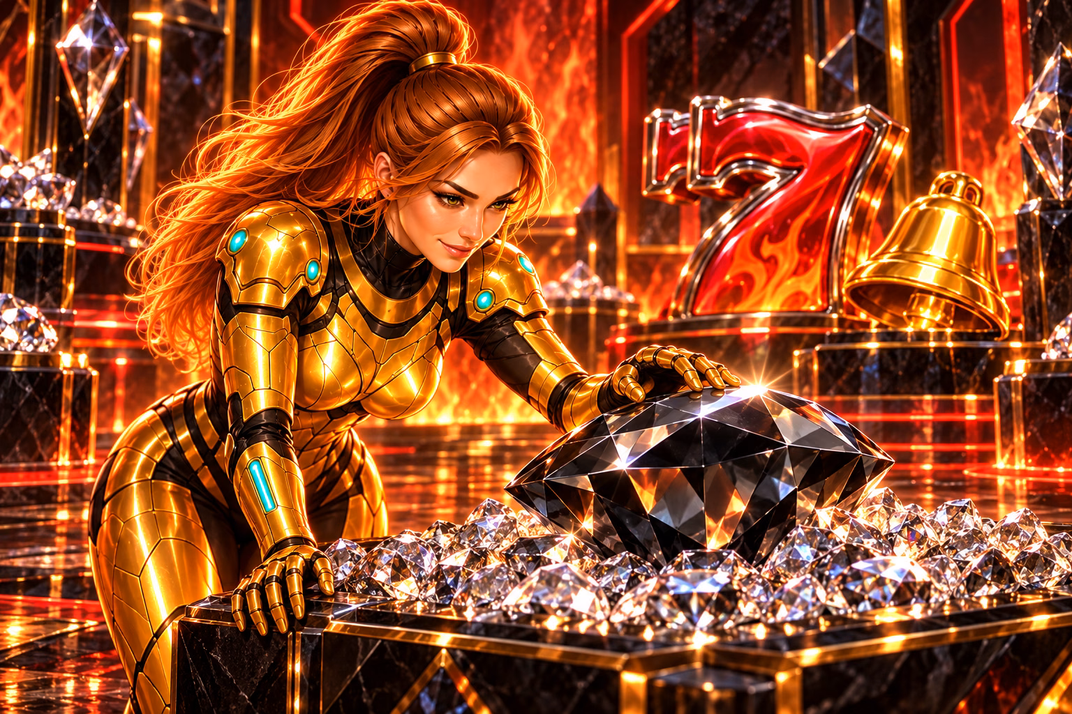 Gigi examines a large black diamond surrounded by clear gems in Diamond Slam, with a fiery red seven and golden bell behind her.