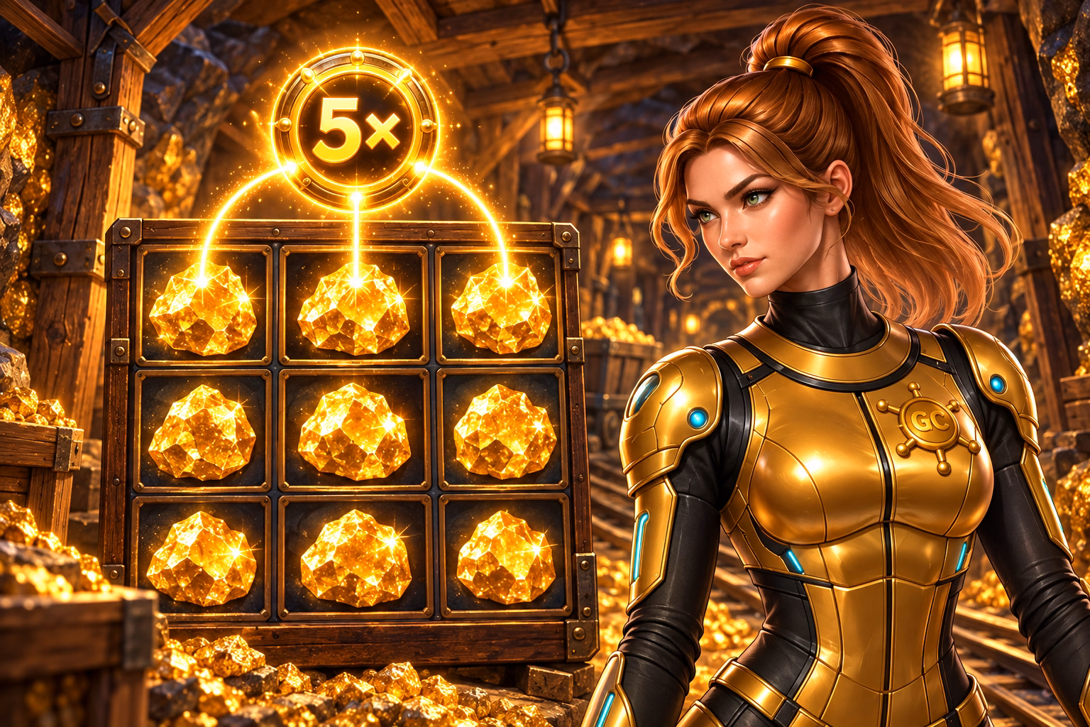 Gigi Celeste studies a 3×3 grid of gold nuggets and a 5× multiplier inside a mine.