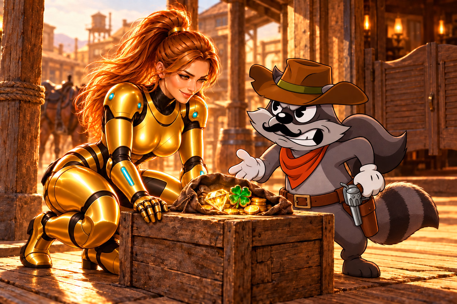 Gigi kneels beside Smokey outside a saloon in Le Cowboy as he gestures toward a bag of gold coins, a diamond, and a green clover.