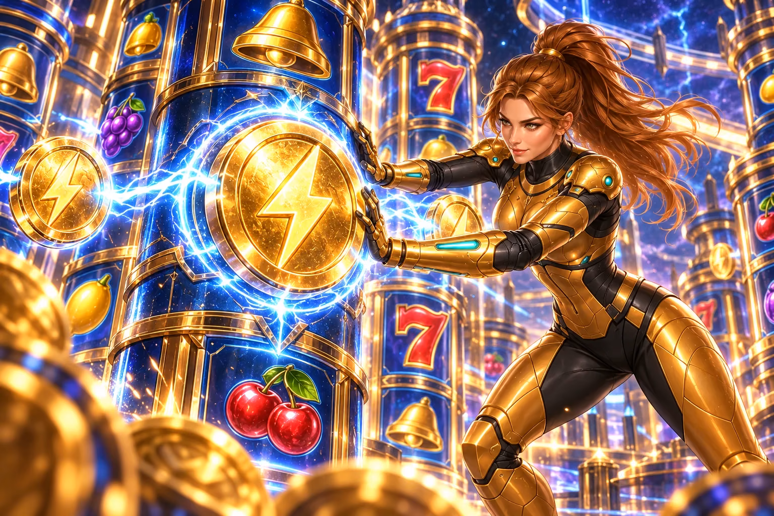 Gigi braces against a blue reel column beside a lightning-marked gold coin, with bells, fruit, and red sevens behind her.