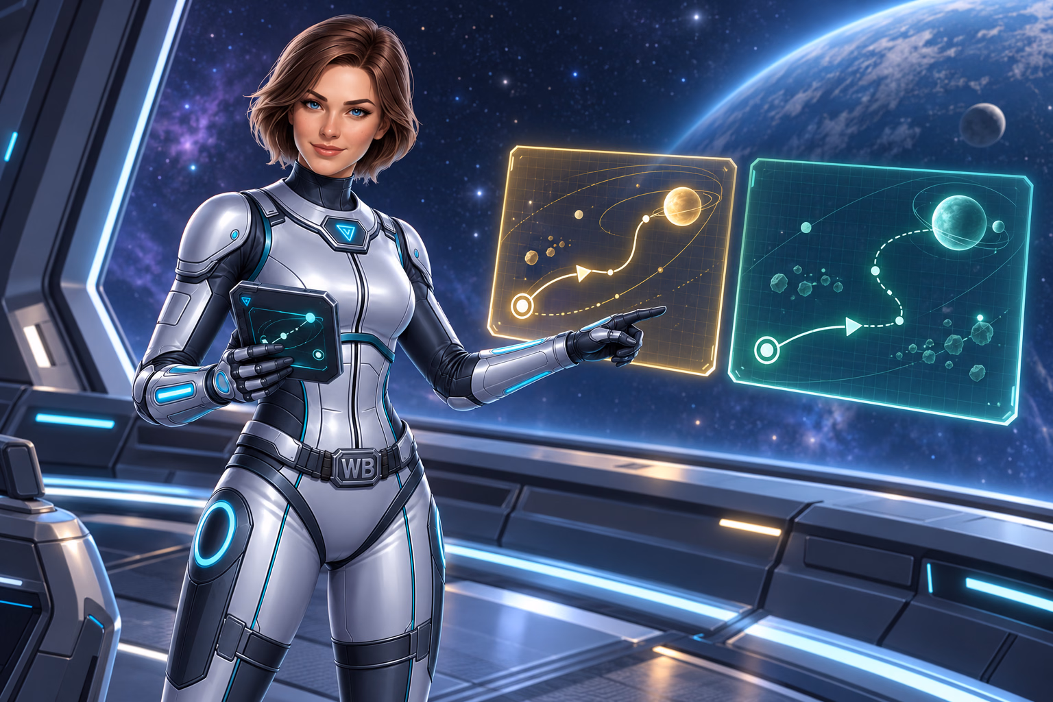 Wren holds her navigation instrument by the Wayfinder window and compares two clearly separated routes.