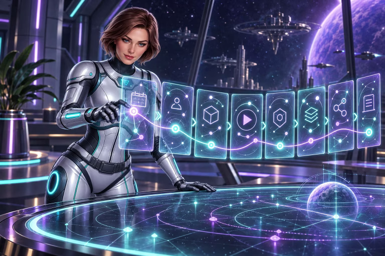 Wren reviews glowing information panels, illustrating the steps for checking promotion rules.
