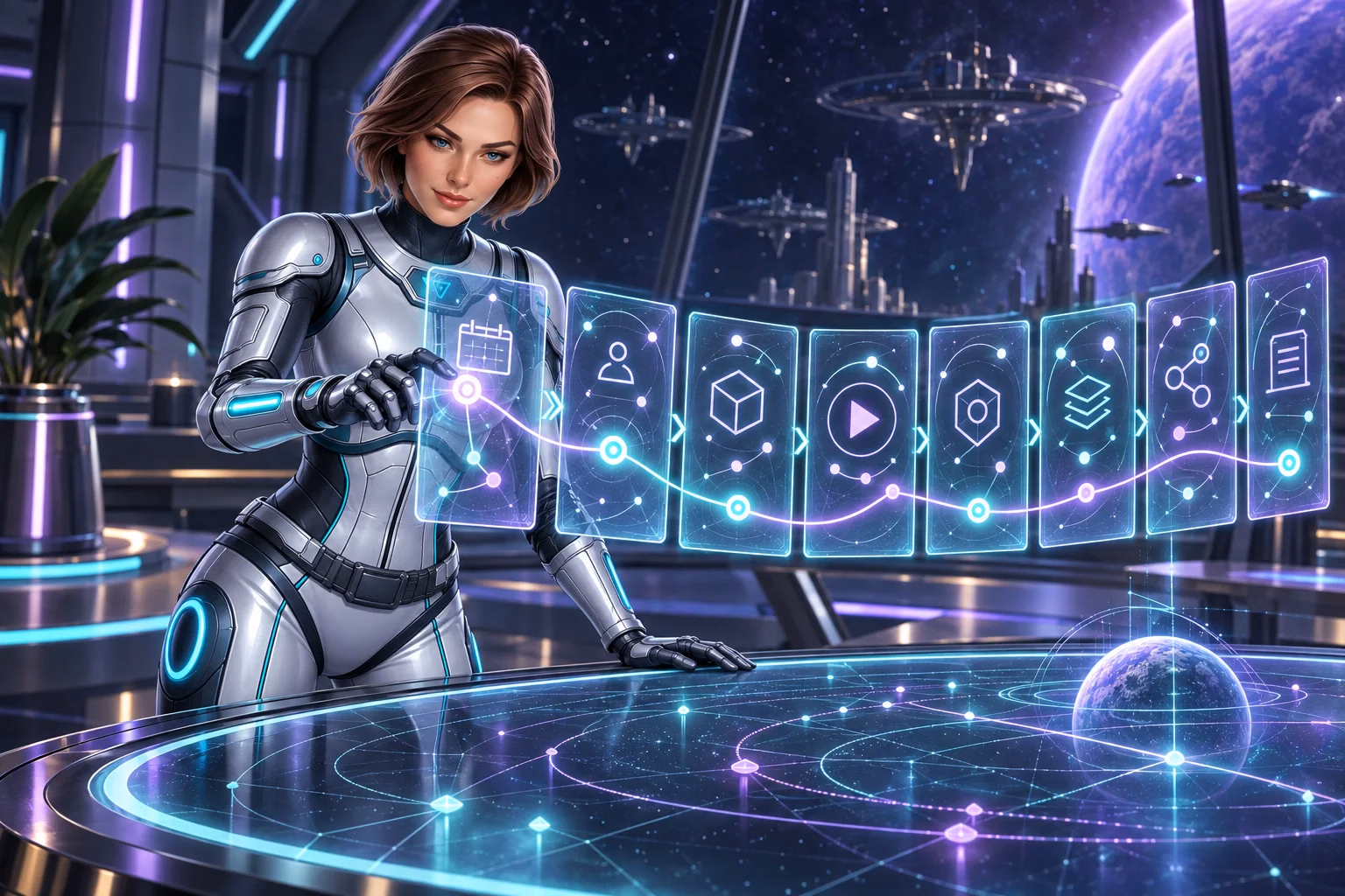 Wren reviews glowing information panels, illustrating the steps for checking promotion rules.