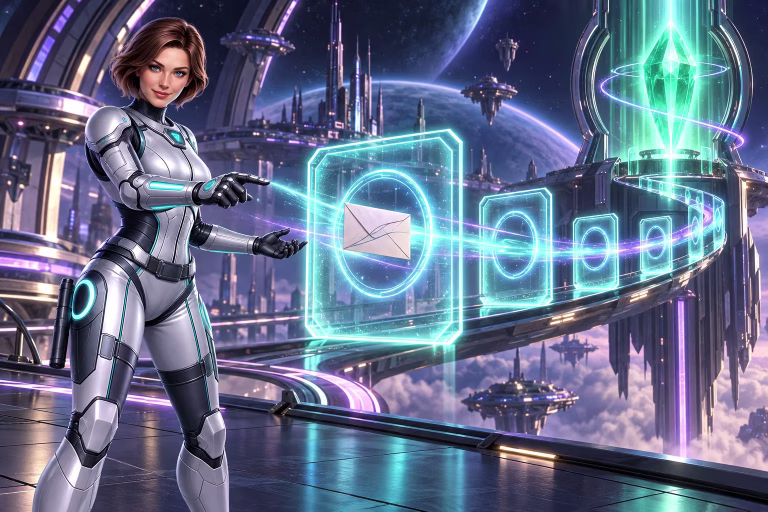 Wren points to an envelope on a glowing path, illustrating Win Bonanza’s no-purchase mail entry process.