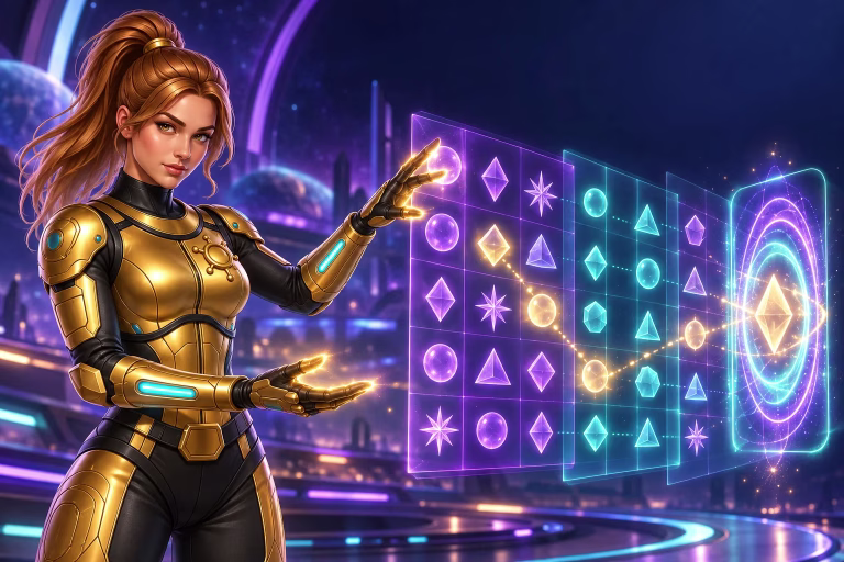 Gigi presents a grid of stars and gems in a beginner guide to reading an online slot screen.