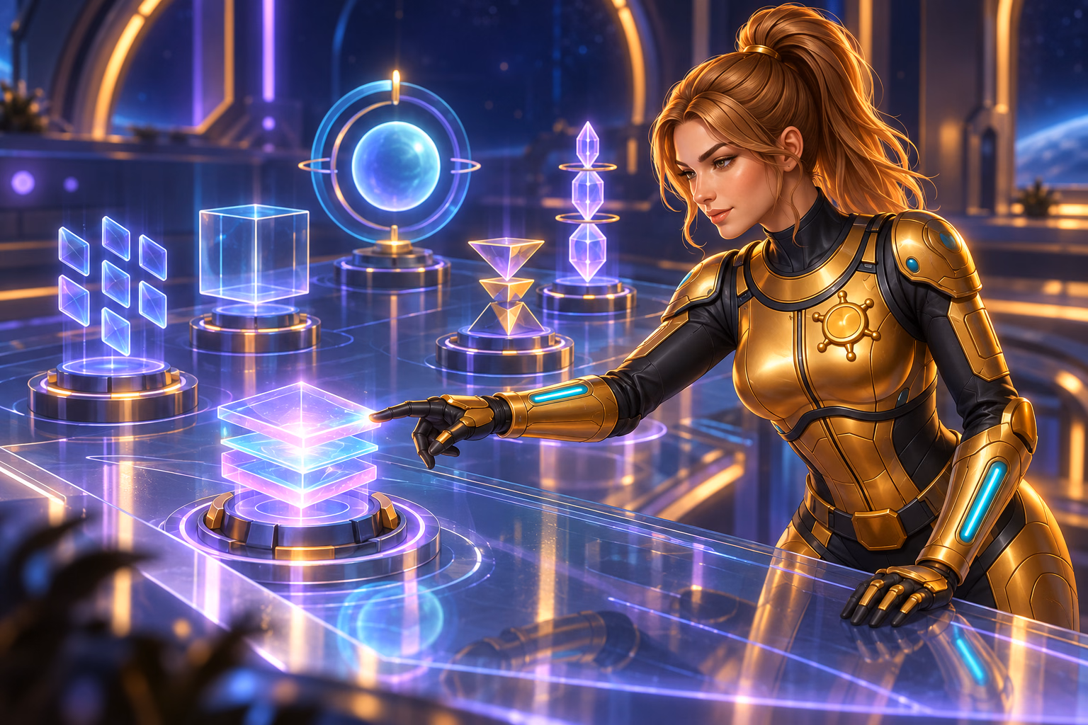 Gigi studies the controls and symbols on a story-world game console.