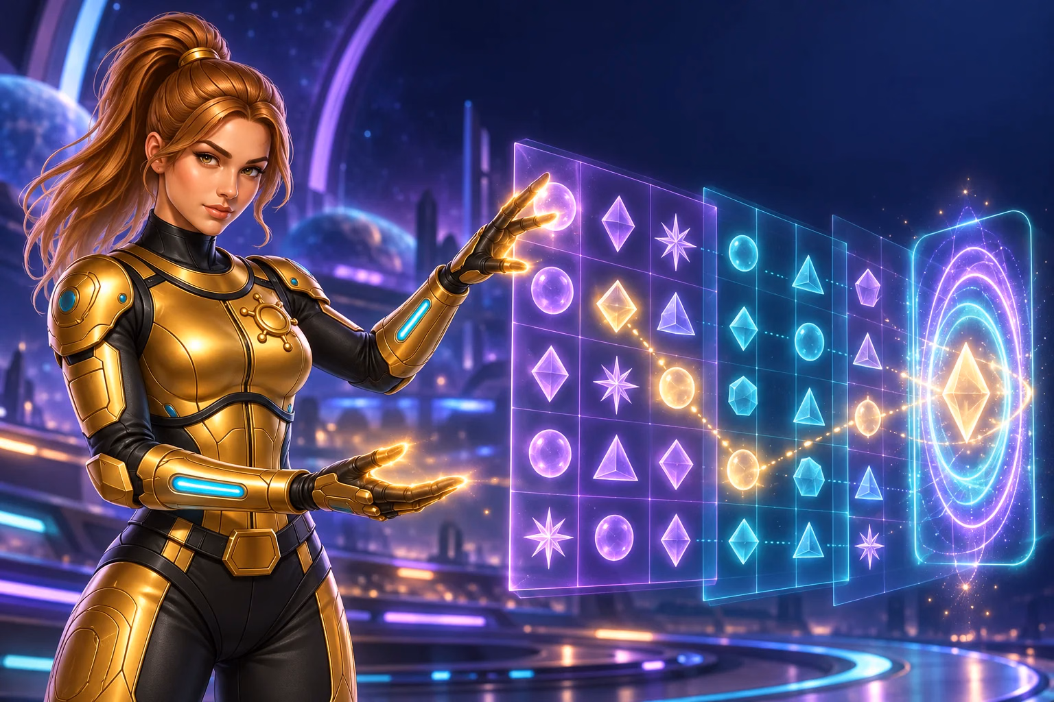 Gigi presents a grid of stars and gems in a beginner guide to reading an online slot screen.