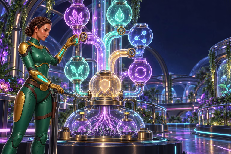 Sierra adjusts controls around a central shield, illustrating privacy and data choices.