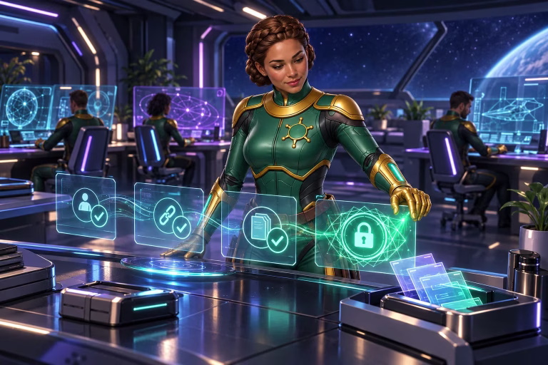 Sierra checks device and lock symbols at a shared station, illustrating shared-device account safety.