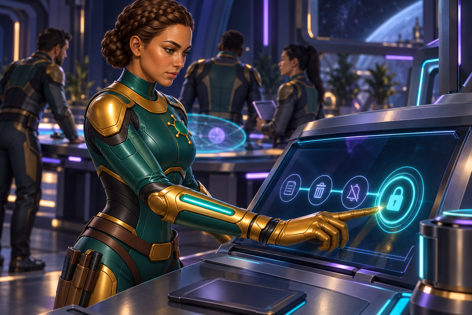 Sierra Ceres closes a private session on a shared ship computer