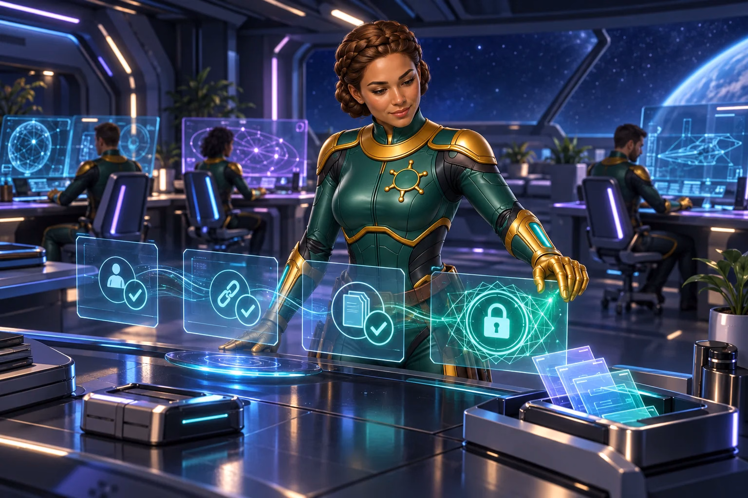 Sierra checks device and lock symbols at a shared station, illustrating shared-device account safety.