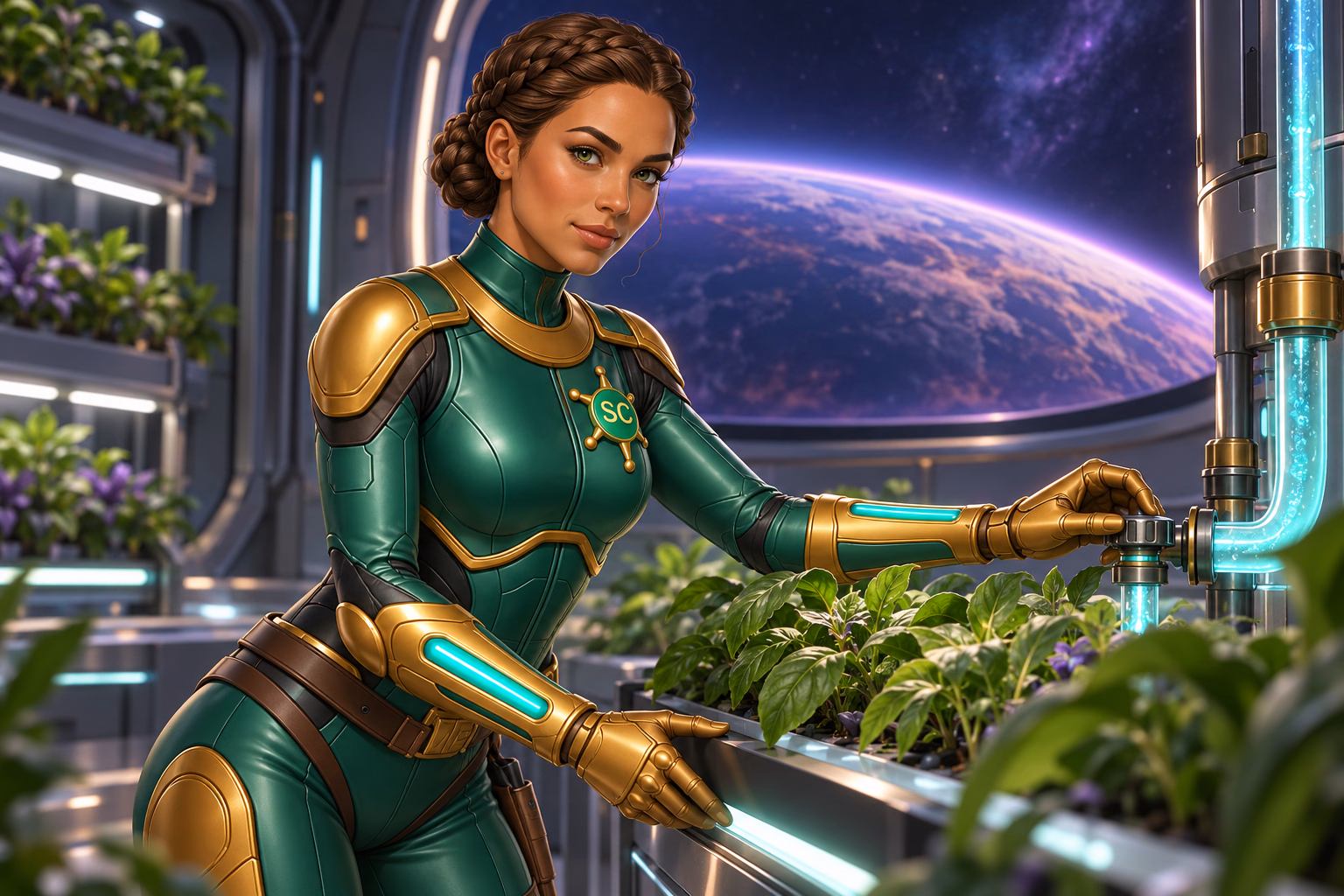Sierra Ceres in green armor checks plants and a valve in the ship’s garden.