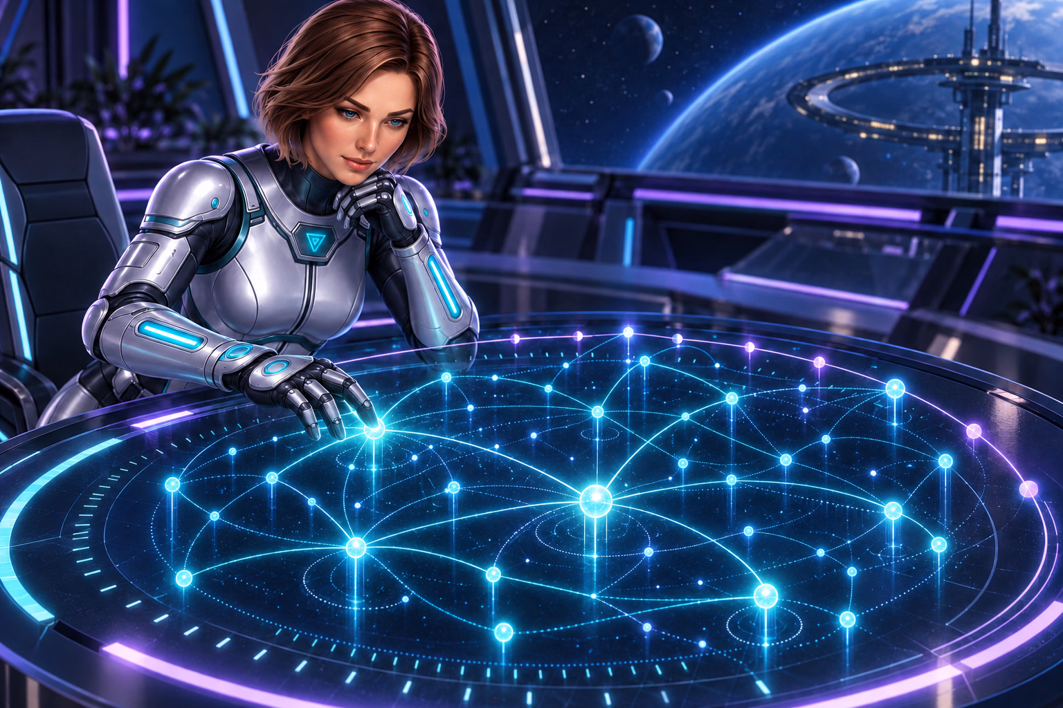 Wren checks connected star routes at her navigation desk before the crew sets off.