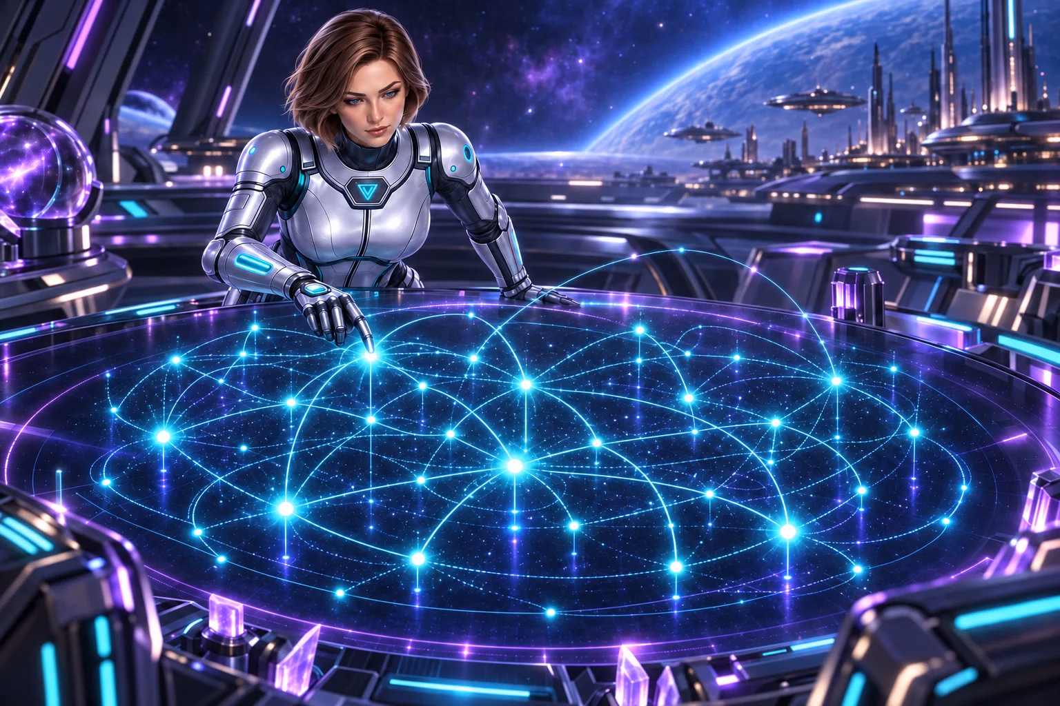Wren studies connected routes on a glowing navigation table in the State Availability guide.