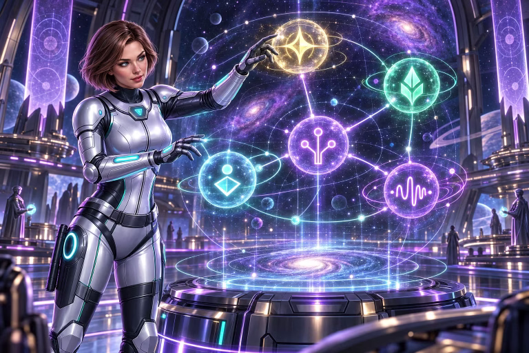 Wren connects glowing symbols above a star chart in the sweepstakes casino glossary.