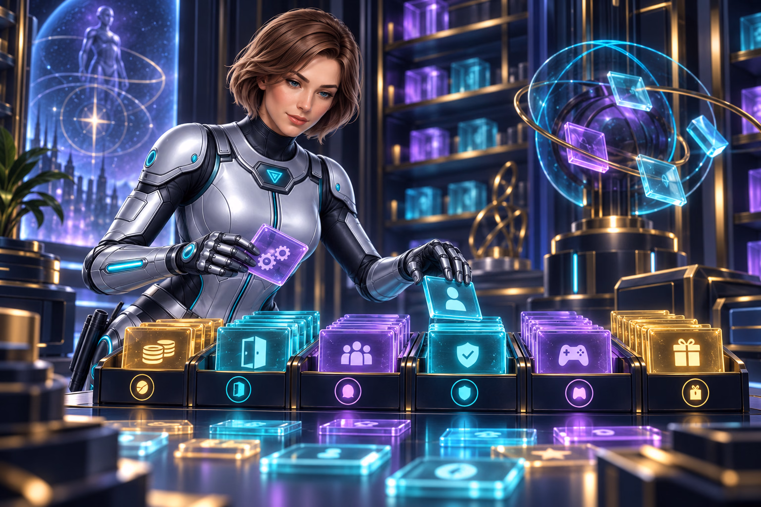 Wren sorts sweepstakes terms into clear groups inside a glowing starship archive