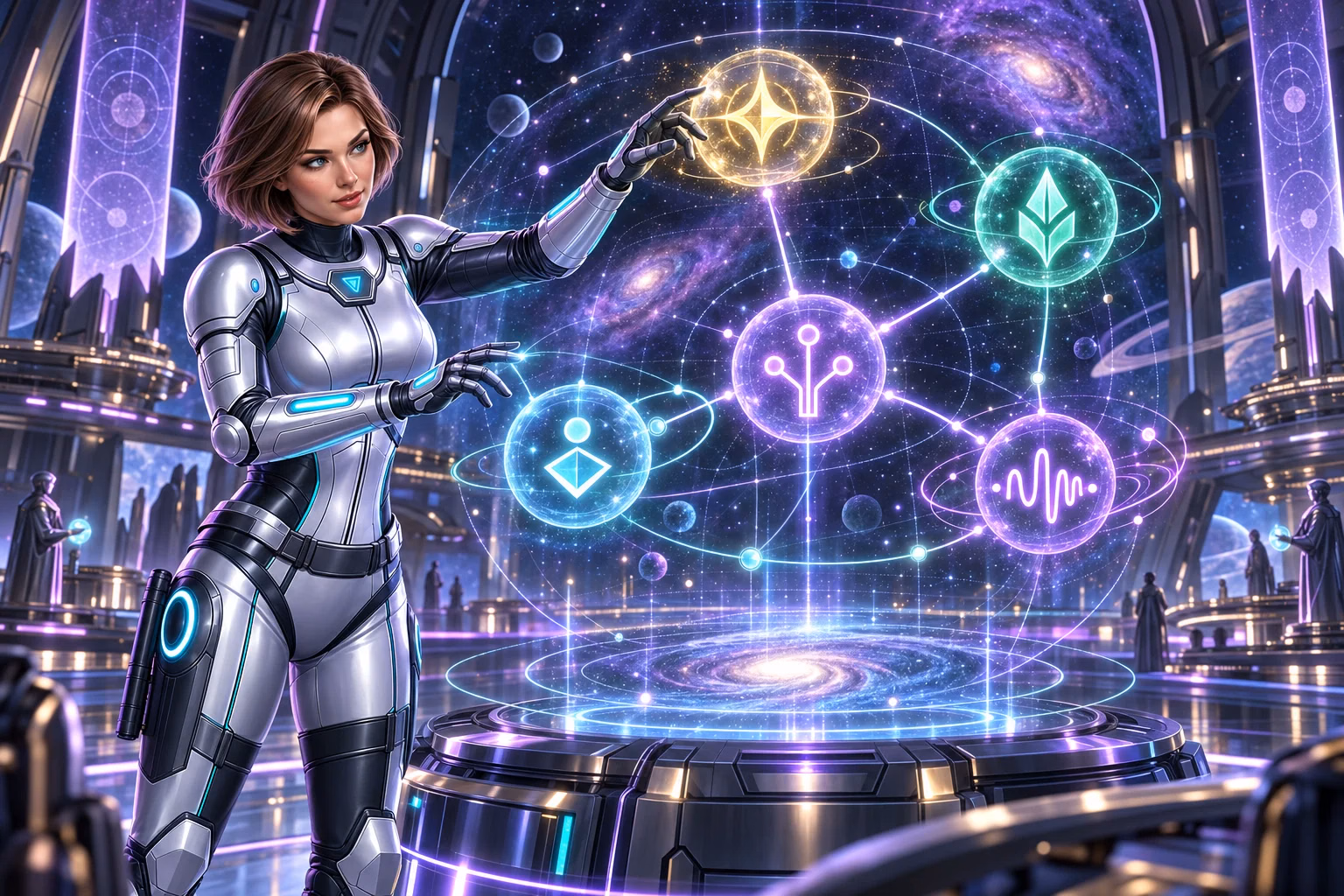 Wren connects glowing symbols above a star chart in the sweepstakes casino glossary.