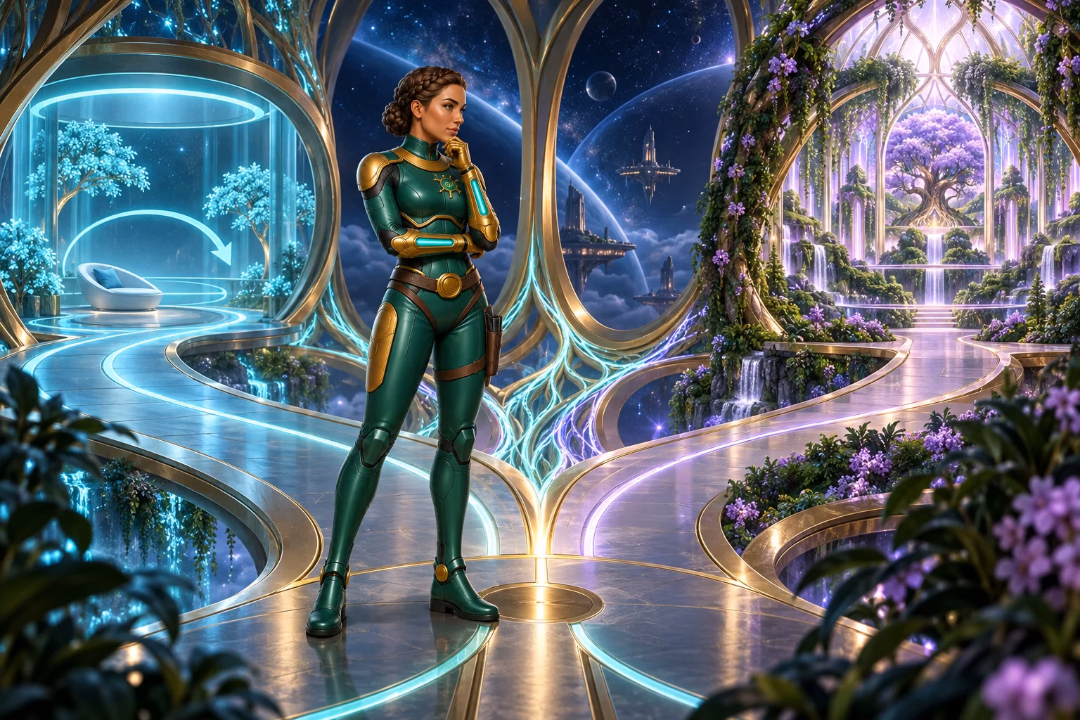 Sierra stands between two garden paths, illustrating Taking a Break and Self-Exclusion choices.