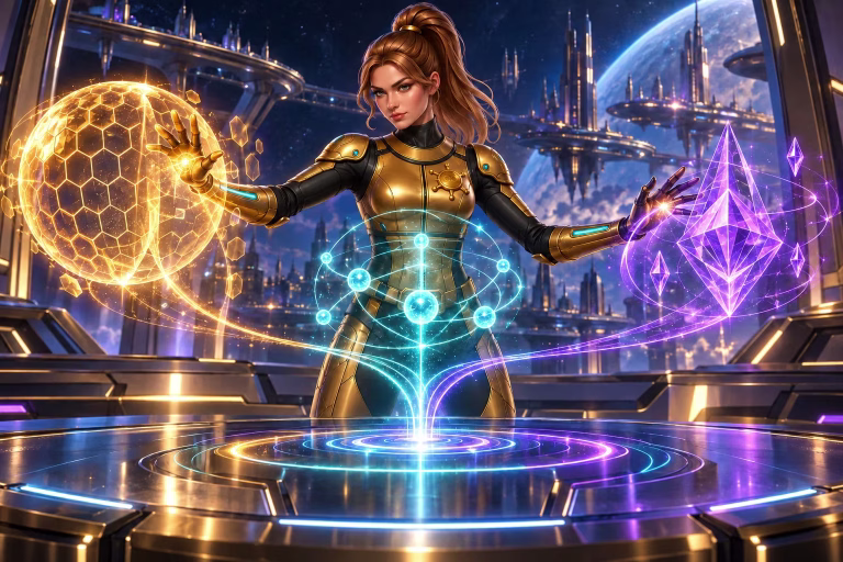 Gigi compares three glowing symbols in a guide to wilds, scatters and multipliers.