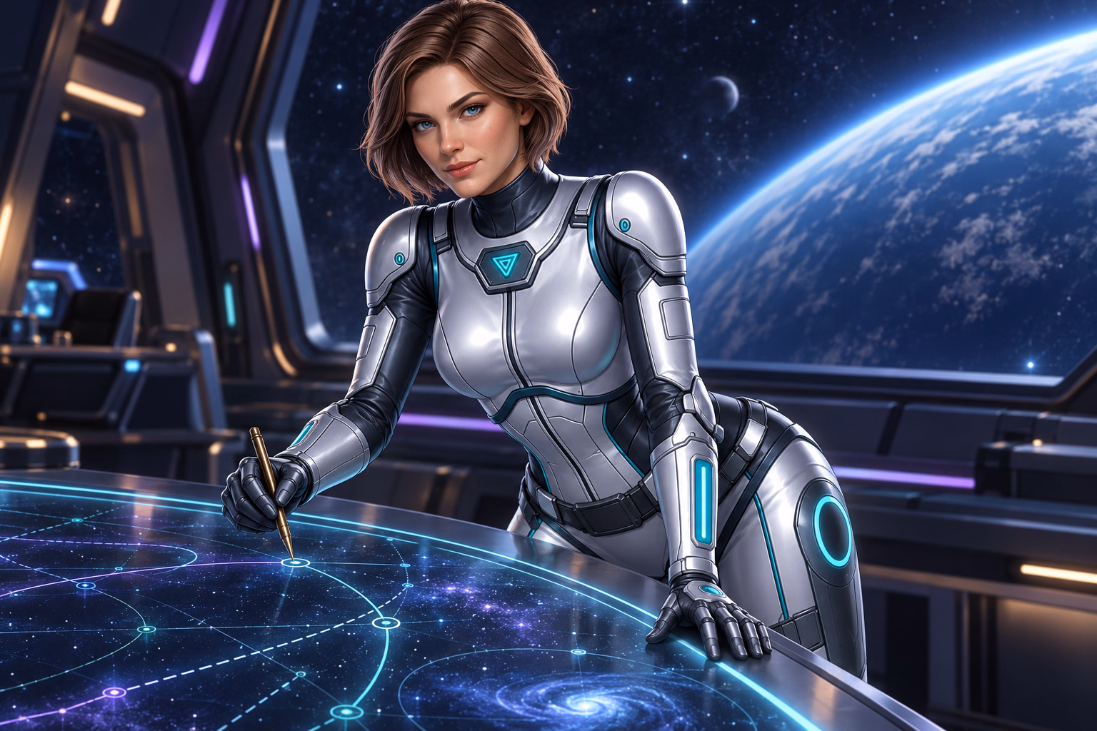 Wren Brightstar in silver armor maps a route at a starship chart table.