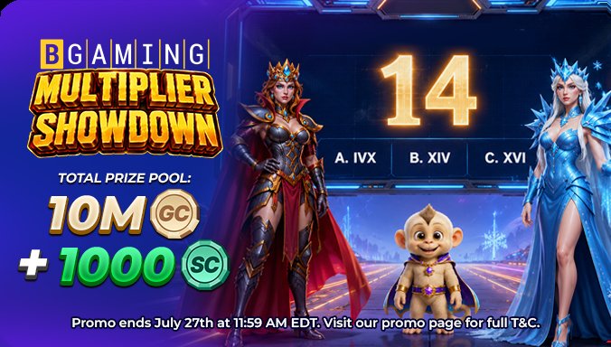BGaming Multiplier Showdown event artwork for The leaderboard is determined by the highest multiplier that a player receives during their participation in the challenge. The winners are the players with the highest multipliers by the end of the event. Prizes will be awarded to the top 20 players on the final leaderboard. with 10,000,000 GC, 1,000 SC available.